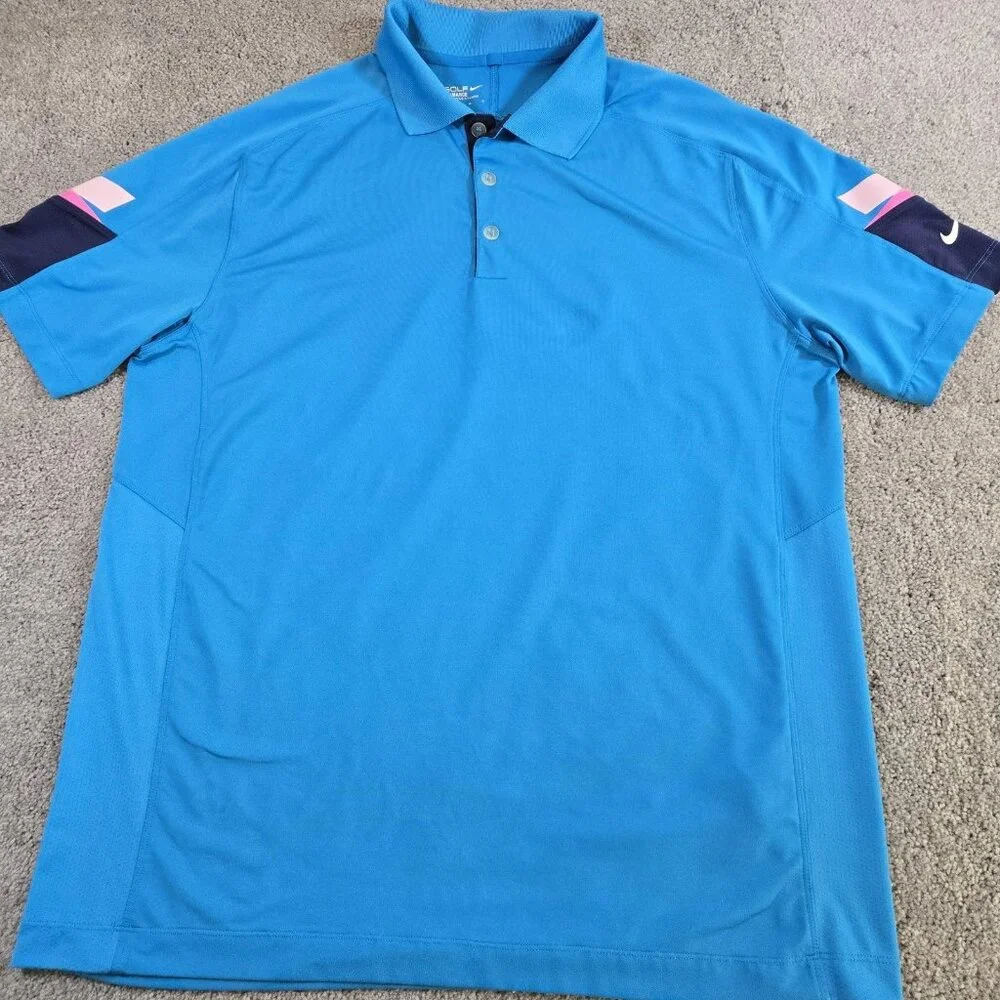 Nike Golf Tour Performance Mens Large Blue Stripe Short Sleeve Polo‎ Dri-Fit